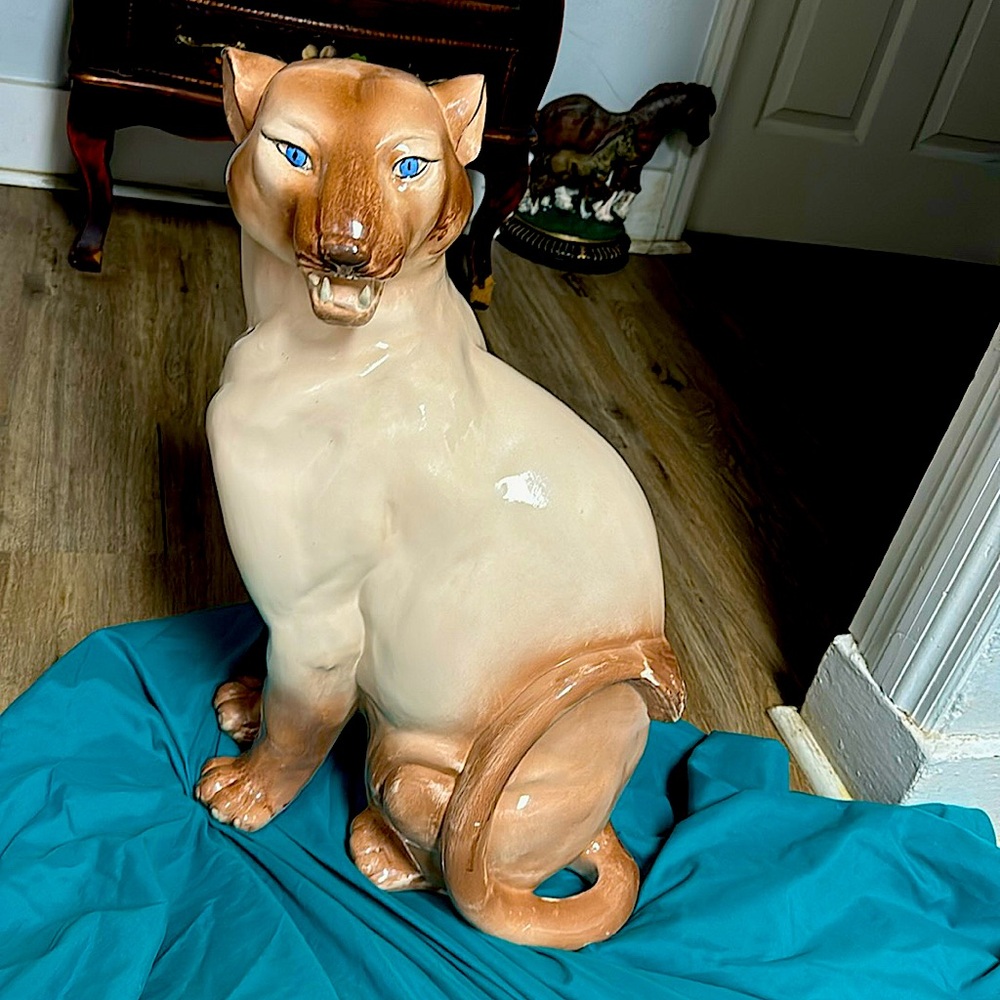 VINTAGE/1966 21 1/2 inches tall 13 1/2 wide, ceramic “CREST” cougar piggy bank